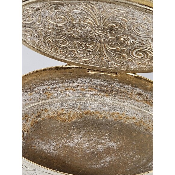 Vintage Oval Mauve Floral Design Porcelain Silver Tone Hinged Pill Trinket Box - Picture 8 of 8